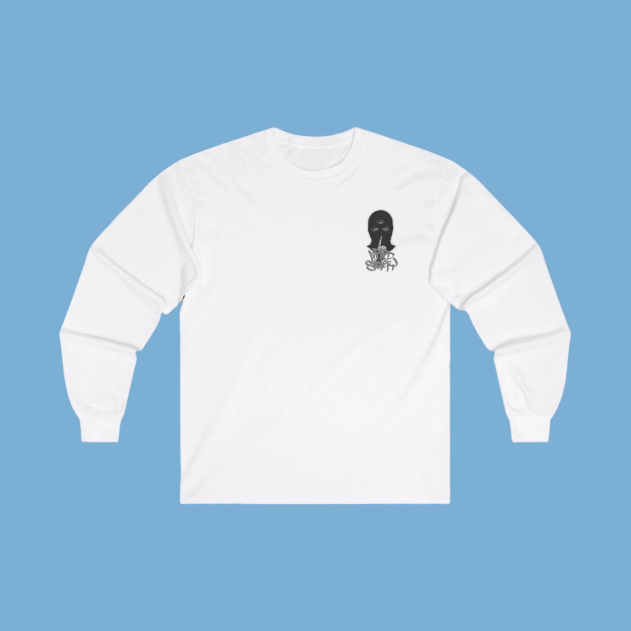 A white long sleeve crew neck t-shirt with a graphic design featuring a mysterious figure and the text 'Lifted Society' on the front, displayed against a background of colorful graffiti.