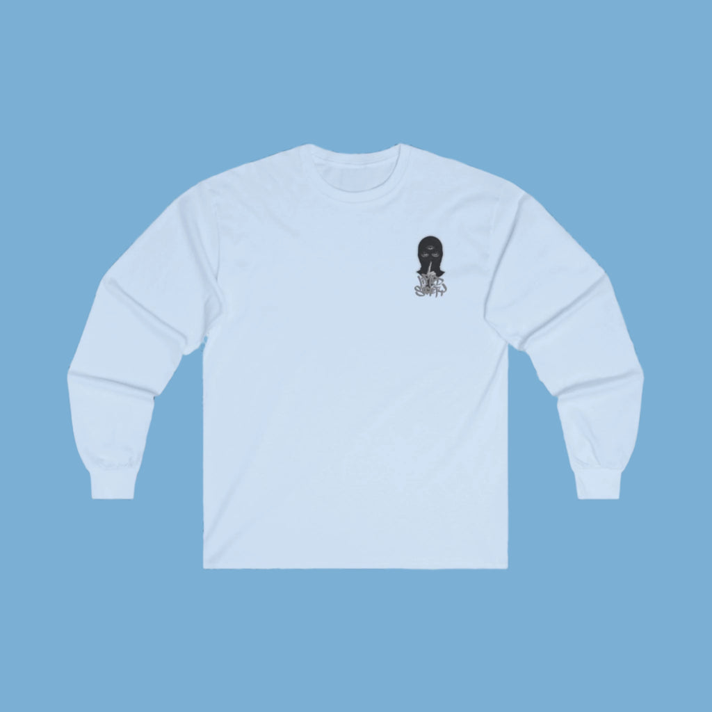 A long sleeve T-shirt in Carolina blue with a graphic of a masked person holding a finger to their lips on the front chest and the phrase 'Embrace the Unseen' on the back.