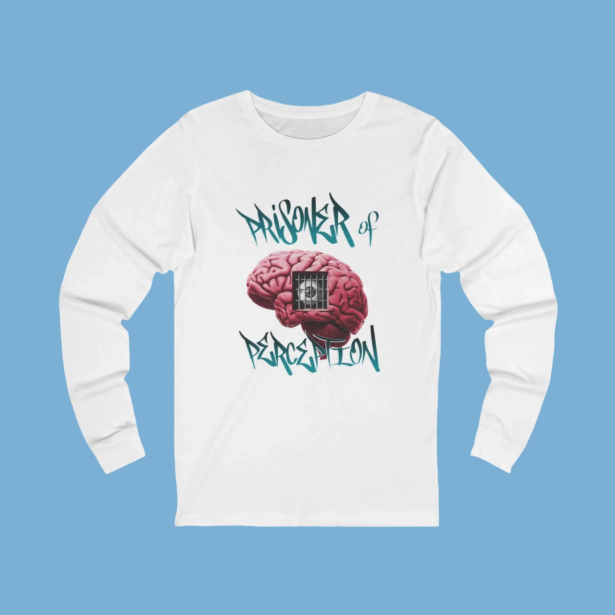 A gray long sleeve T-shirt with a graphic of a human brain and the text 'Prisoner of Perception' on the front, displayed against a colorful neon background.