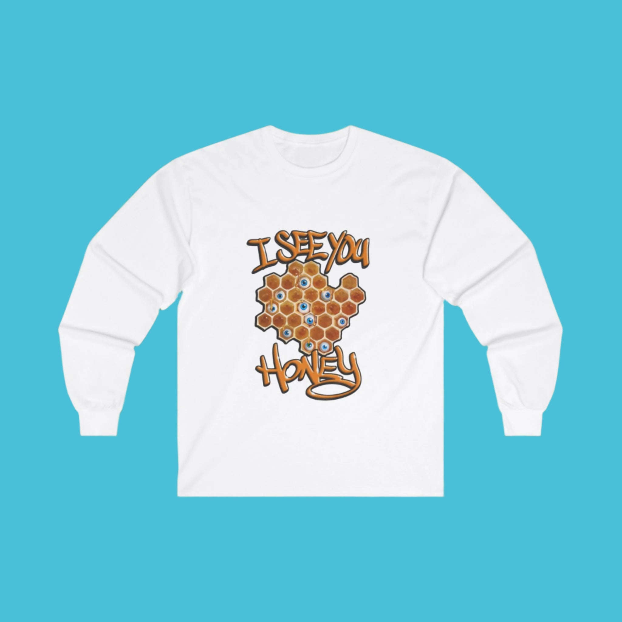A white long sleeve T-shirt with an intricate honeycomb design and mesmerizing eyeball graphics in orange.